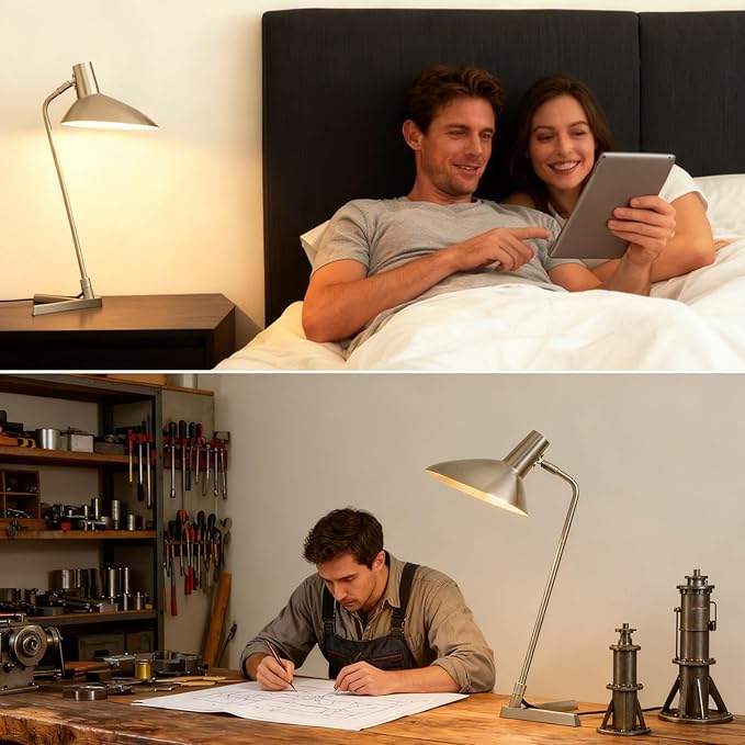 Industrial Desk Lamp Metal Modern Table Lamp 22", Adjustable Neck (4000K) with Adjustable Switch, Ideal for Office Desk Bedroom Bedside Lamps Study Room Living Room Side Table (Nickel)