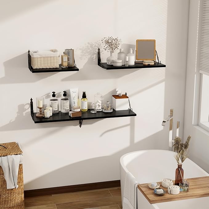 Dreamland Deep Floating Shelves, 48" W x 12" D Wall Shelves Set of 2, Wide Display Shelf Wall Mounted with Brackets, Bookshelf for Living Room, Bathroom, Bedroom, Black