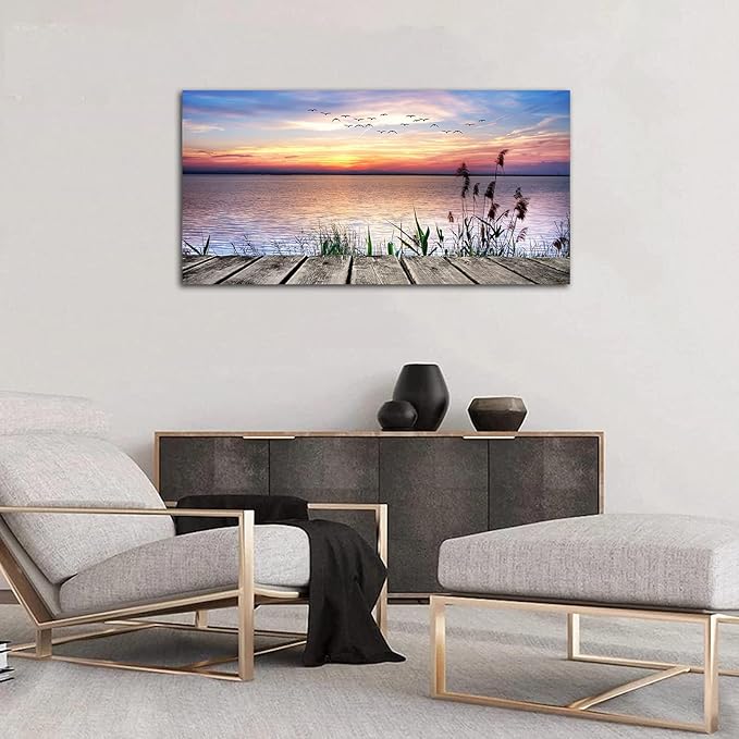 Yearainn Sunset Lake Wall Art - Nature Landscape Canvas Pictures, Wooden Dock Reed Grass Painting Print Flying Birds Artwork for Living Room, Bedroom, Home Office Wall Decoration 29" x 58"