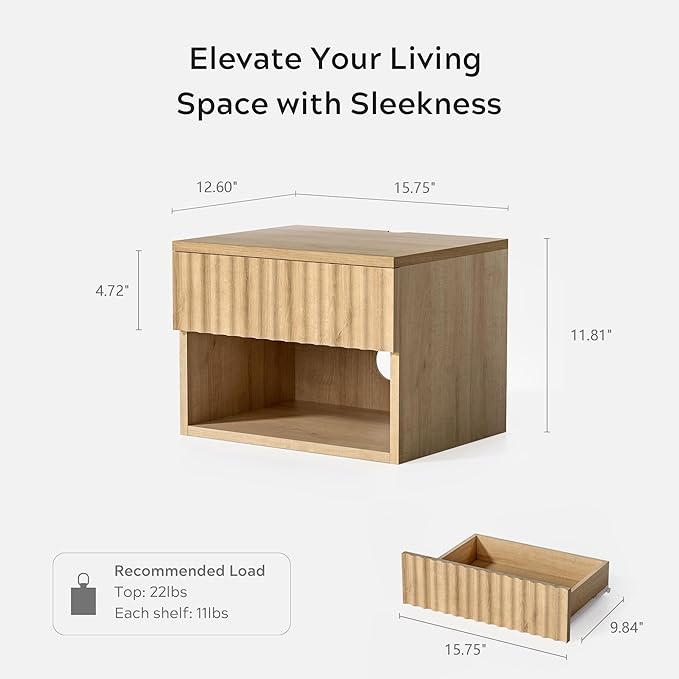 Small Floating Nightstand Set of 2, Modern Fluted Night Stand with Drawer and Open Storage Shelf Wall Mounted Bedside Tables Natural Oak