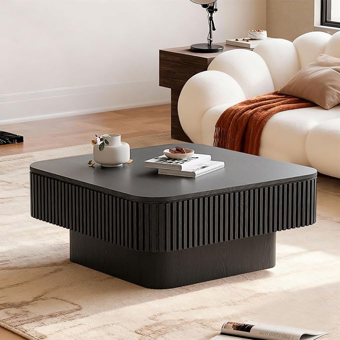 LKTART Coffee Table for Living Room, Accent Fluted Square Coffee Table with Hidden Storage, Modern Solid Wood Veneered Circle Center Tea Table for Small Space Apartment (31.5''D×14''H-Black)