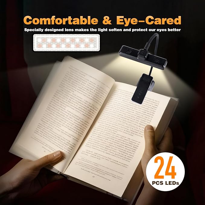 VAVOFO Rechargeable Book Light Rotatable：24 LEDs Reading Light, 3-Color & 9-Brightness Book Lamp, Eye Cared 120Hrs Runtime Lightweight Clip on Led Light for Book Lovers (Black)