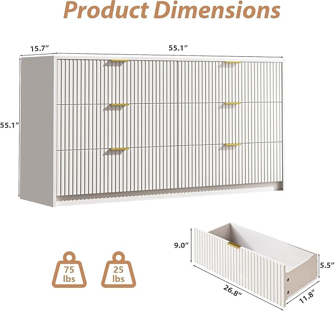 3-Piece Dresser Bedroom Set, 6 Drawer Dresser & 2 Drawer Nightstands with Gold Handles, Fluted Wood Chest of Drawers for Bedroom, Living Room, Entryway, White
