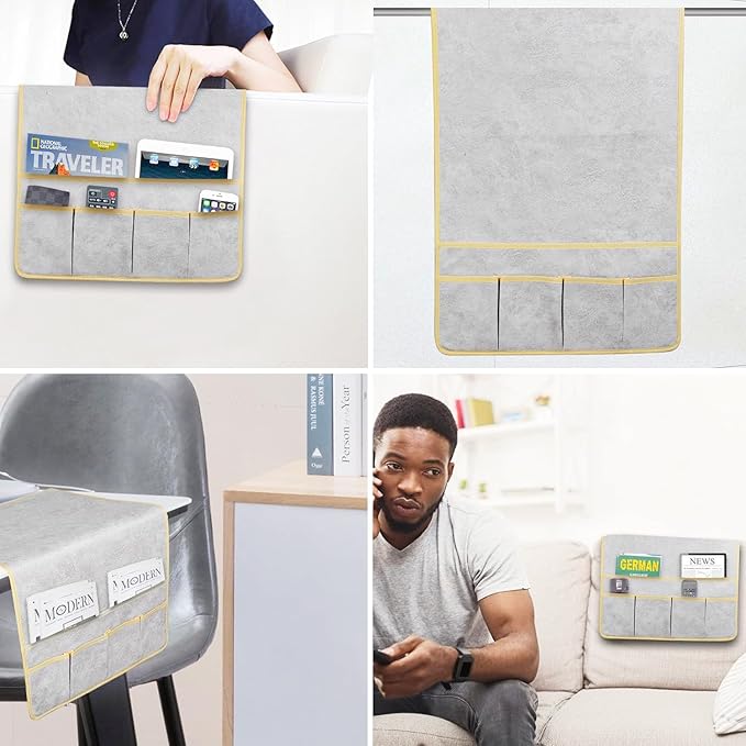 HAOMAIJIA Anti Slip Sofa Armrest Organizer Arm Chair Bedside Caddy Storage Organizer For Recliner Couch With 6 Pockets For Cell Phone Tv Remote Control Magazines (light grey)
