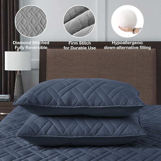 HORIMOTE HOME Quilt Set King Size Navy Blue, Classic Geometric Diamond Stitched Pattern, Ultra Soft Lightweight Bedspread Coverlet for All Season 3 Pieces(1 Quilt and 2 Pillow Shams)