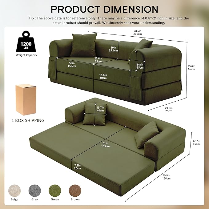 78.5" Convertible Sleeper Sofa Bed, Faux Leather Deep Seat Folding Floor Sofa with Pullout Bed & 2 Pillows, No Assembly Modern Boneless Couch Compression Sofa in Box for Living Room, Office, Green