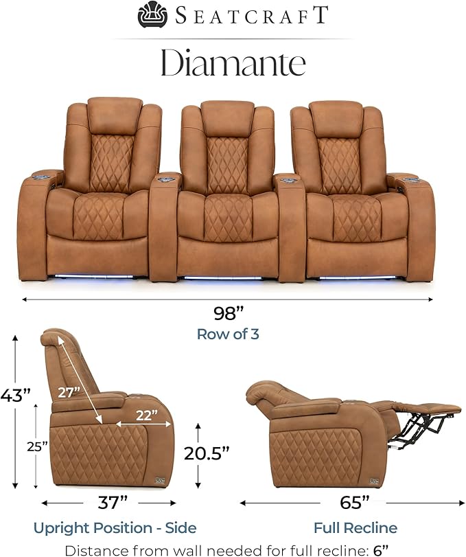 Seatcraft Diamante Zero-Gravity CoolZero Italian Leather Home Theater Seating, Power Headrest, Power Recline, Row of 3, Tawny