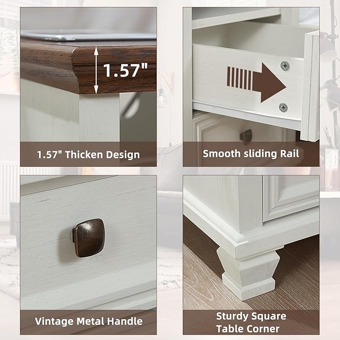 SAVOR LIFE Farmhouse Nightstand Set of 2 with Charging Station, Antique Nightstands with Drawers, Bedside Table with Open Shelf for Bedroom, White