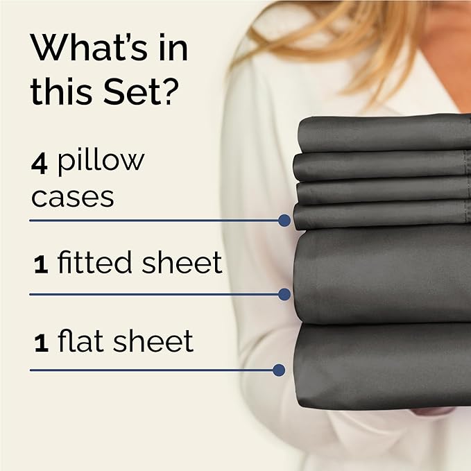Full 6 Piece Sheet Set - Cooling, Comfy & Breathable - Hotel Luxury Bedding, Includes Fitted Sheet for Women, Men, Kids and Teens - 1 Flat, 1 Fitted Sheet, 4 Pillowcases with Deep Pockets - Charcoal
