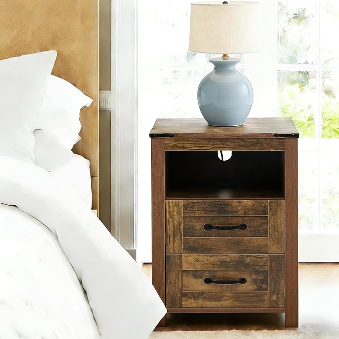 Brown Rustic Night Stand Set of 2, Farmhouse End Table, Modern Bedside Table with 2 Storage Drawers and Open Shelf, Tall Nightstand for Bedroom