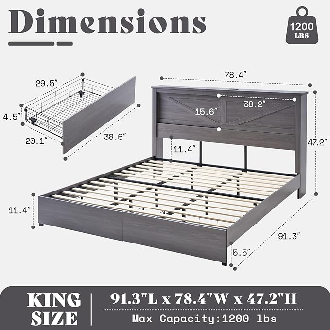AMERLIFE 47.2" H King Bed Frame with Hidden Space Bookcase Headboard and Charging Station, Beds with 2 Storage Drawers and Wood Slats, No Box Spring Needed, Grey
