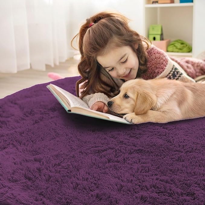 OLANLY Dark Purple Round Rugs for Bedroom - Machine Washable, 2 ft Circle Area Rugs for Living Room, Soft and Fluffy Shaggy Carpet for Teen Girl and Boys, Nursery Rooms, Dorms, Home Decor Aesthetic