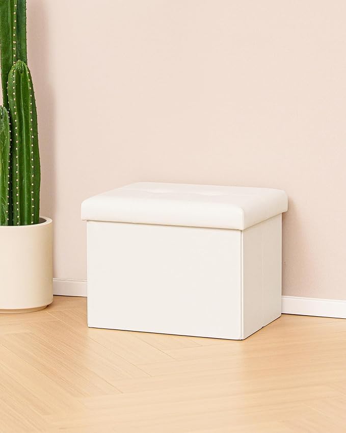 B FSOBEIIALEO Folding Storage Ottoman, Faux Leather Footrest Seat Coffee Table Toy Chest Kids, White 16.5"x12.6"x12.6"