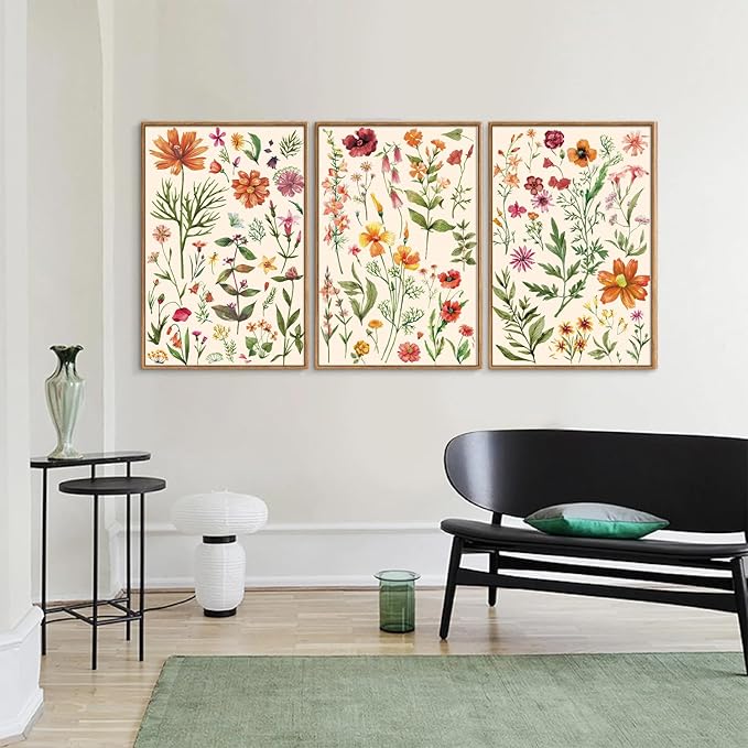 YeeHomedec Boho Wildflower Framed Canvas Wall Art, Colorful Vintage Floral Wall Decor, Watercolor Modern Flower Art Paintings, Neutral Botanical Picture Artwork for Girl Bedroom Living Room 16"x24"x3