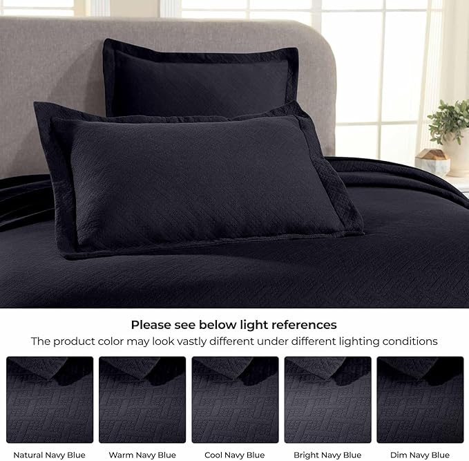 Superior 100% Cotton Basket Weave Bedspread with Shams, All-Season Premium Cotton Matelasse Jacquard Bedding, Quilted-Look Geometric Basket, Full, Navy Blue