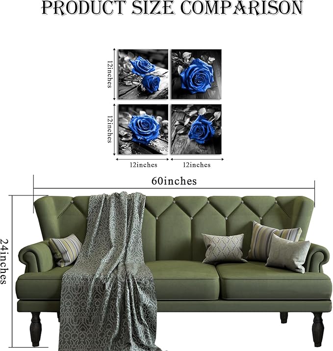 VANSEEING 4 Pieces Blue and Black Rose Flower Canvas Wall Art Floral Pictures Prints Modern Romantic Artwork Wall Decor for Valentine's Day Living Room Bedroom 12x12inchx4Pcs