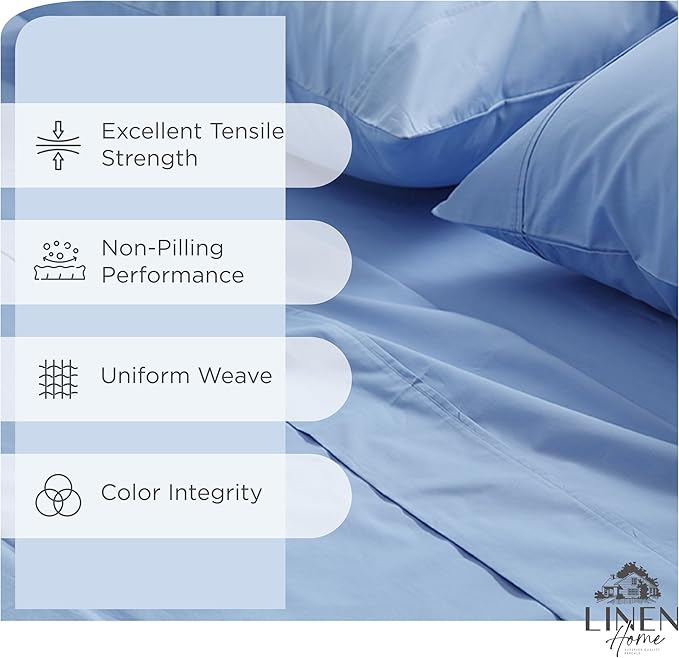 Linen Home 100% Cotton Percale Sheet Set, Cal King Size, Baby Blue, Deep Pocket, 6 Pieces Set - 1 Flat, 1 Deep Pocket Fitted Sheet and 4 Pillowcases, Crisp Cool and Strong Bed Linen