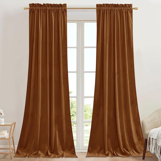 StangH Curtains 96 inches Long Burnt Orange Velvet Blackout Thermal Insulated Sliding Door Drapes Rod Pocket Privacy Room Dividers for Bedroom/Living Room, W42 x L96, 2 Panels