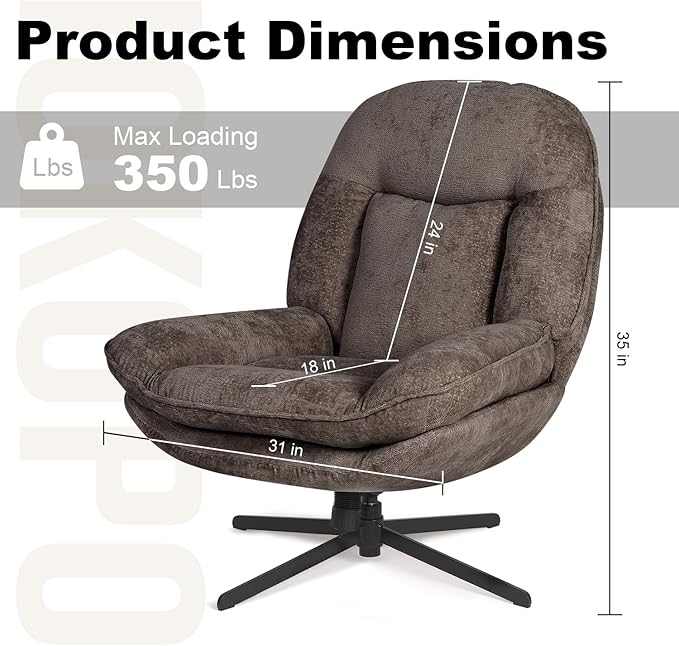 1 Pack 360°Free Swivel Accent Chair for Living Room, Slightly 20°Rocking, 24" High Backrest Upholstered Armchair, Ergonomic Design, Chenille Breathable Soft Fabric Modern Single Sofa, Brown