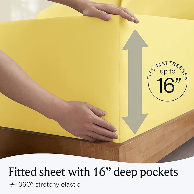 LuxClub 4 PC Sheet Set Bed Sheets Deep Pockets 16" Eco Friendly Wrinkle Free Cooling Machine Washable Hotel Bedding Silky Soft - Lemon Queen