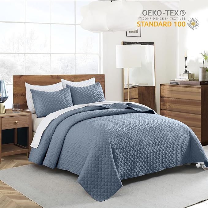 HORIMOTE HOME Quilt King Size Dusty Blue, Lightweight Quilt for Summer Ultra-Soft Microfiber Modern Style Quilted Clouds Pattern Bedspread Quit Set 3 Pieces(1 Quilt and 2 Pillow Shams)
