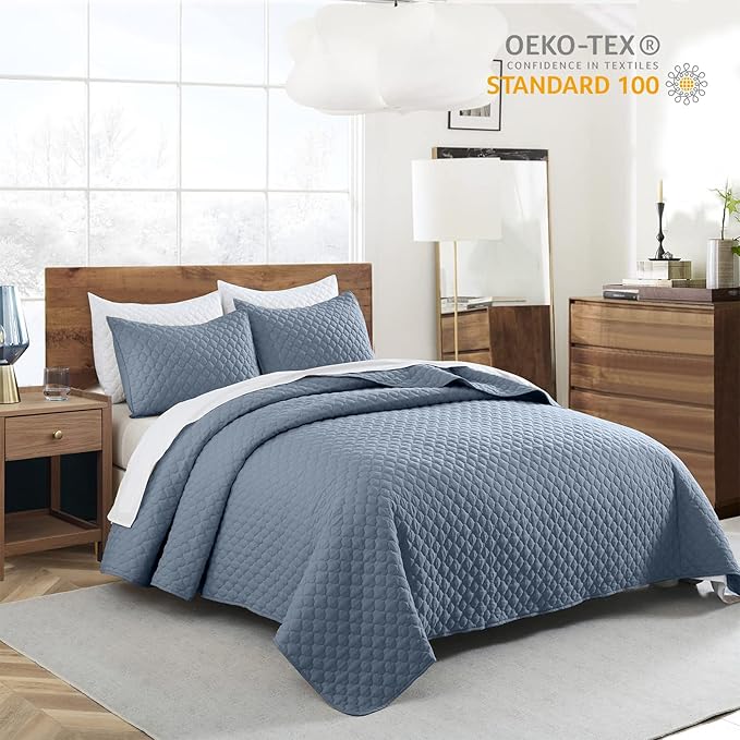 HORIMOTE HOME Quilt Queen Size Dusty Blue, Lightweight Quilts for Summer Ultra-Soft Microfiber Modern Style Quilted Clouds Pattern Bedspread Quit Set 3 Pieces(1 Quilt and 2 Pillow Shams)