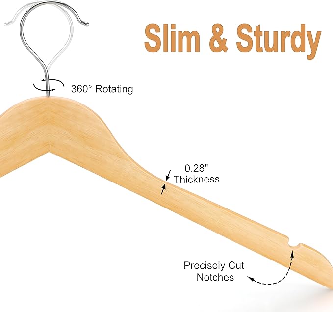 TOPIA HANGER Wooden Hangers 48 Pack, 0.28-inch Slim & Durable Clothes Hangers Space Saving, Natural Wood Hanger with 360°Swivel Hook and Shoulder Notches for Coat,Shirt, Camisole, Dress-CT51N48