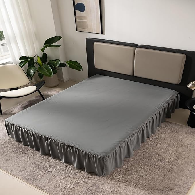 TSUTOMI Queen Size Grey Bed Skirt with Ruffles and Split Corners, 16 Inch Drop