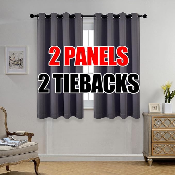 MIUCO 1 Pair Thermal Insulated Grommet 52-Inch-by-63-Inch Blackout Window Curtain Panels with 2 Tie Backs, Dark Grey