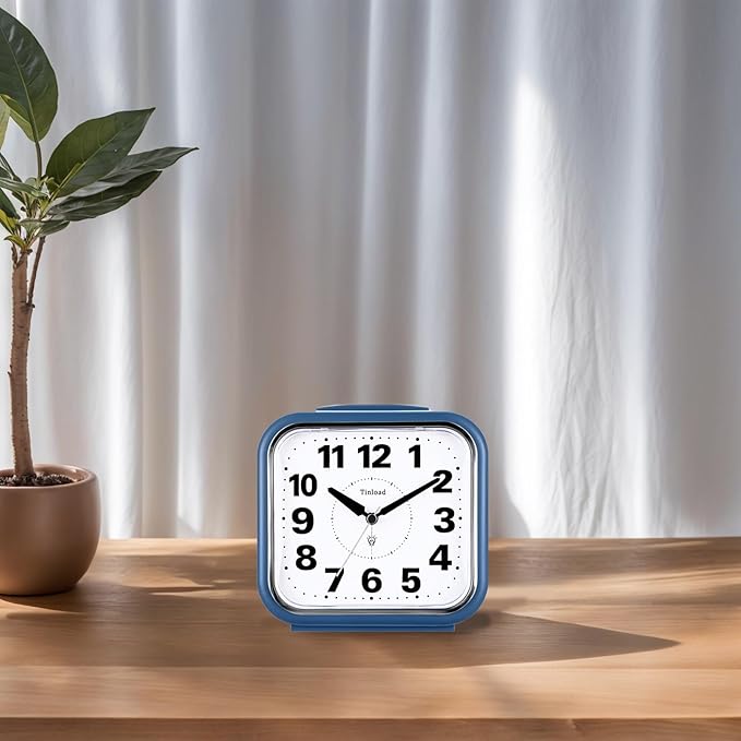 5.5" Large No Ticking Analog Alarm Clock,Silent Readable for Seniors,Easy to Set,Gradual Rise Alarm,Big Numbers,Gentle Wake,Snooze, Lighted on Demand,Battery Operated,Blue
