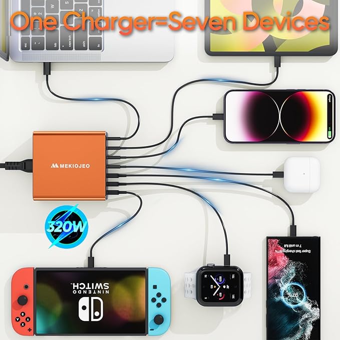 Aluminum Alloy USB C Charger GaN Charger Fast USB C Charging Station 7 Ports 65W Laptop for MacBook Pro/Air/iPad Pro/iPhone (Orange-4C3A)