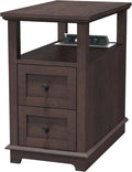 HIFYOBRO Narrow End Table with Flip Top Charging Station, Side Table with 2 Drawers, Type-C & USB Port & Power outlets, Wooden Storage Cabinet, Side Table with Storage for Living Room and Bedroom