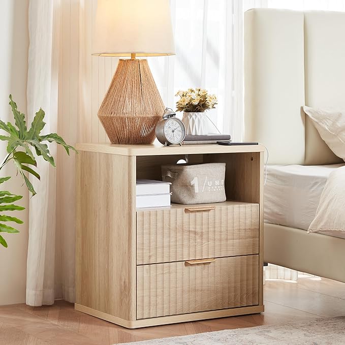 LEYAOYAO Fluted Nightstand Set of 2 with Charging Station,23" Modern Nightstand with Woodgrain Top, 2 Drawer End Table w/Storage, BedsideTables for Bedroom, Living Room, Curved Profile,Wood