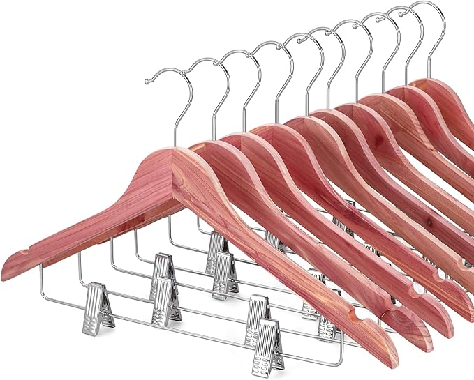 TOPIA HANGER American Red Cedar Wooden Hangers with Adjustable Metal Clips and 360° Swivel Hook, Premium Wood Clothes Hangers 10 Pack for Suit, Pant, Skirt, Jeans, Coat, Jacket-CT28C