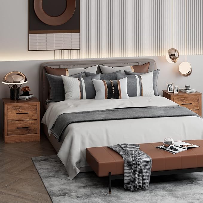 Giantex Farmhouse Nightstand Set of 2, Wood Bedside Table with 2 Storage Drawers, Compact Floor Night Stand, Walnut Accent Sofa Side Table for Bedroom