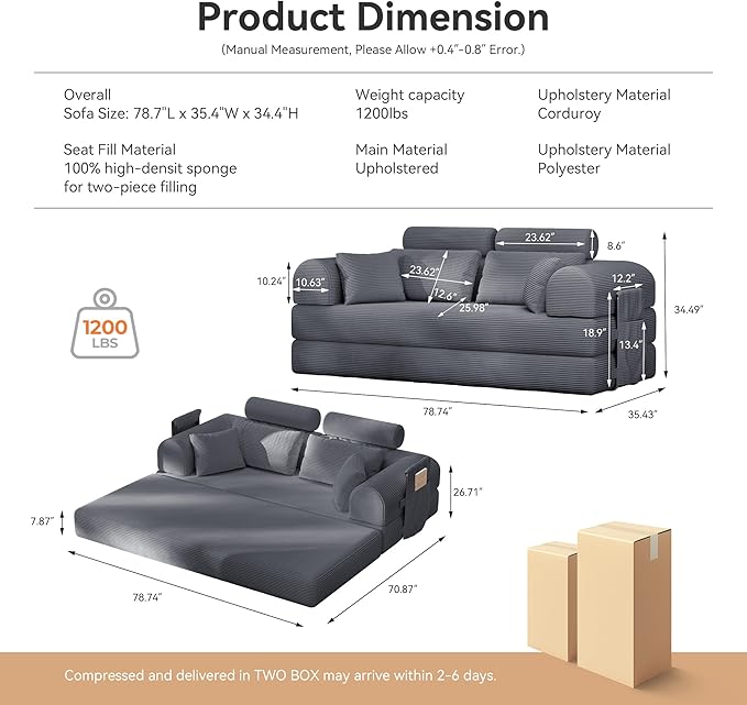 Upgrade High Backrest Design Sofa Bed with Fixed-Shape Frame & Removable Armrests and Backrest, Corduroy Fabric, Convertible Couch for Small Spaces - No Assembly Needed (High Backrest Dark Gray)