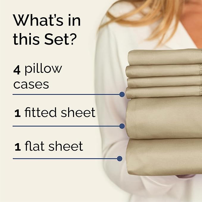 Cal King 6 Piece Sheet Set - Cooling, Comfy & Breathable - Hotel Luxury Bedding, Includes Fitted Sheet for Women, Men, Kids & Teens - 1 Flat, 1 Fitted Sheet, 4 Pillowcases with Deep Pockets - Beige