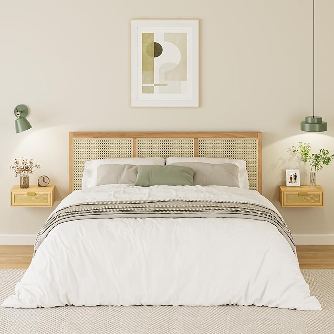 Floating Nightstand, Floating Shelf with Drawer, Wall Mounted Nightstand, Floating Bedside Table (Oak Rattan)