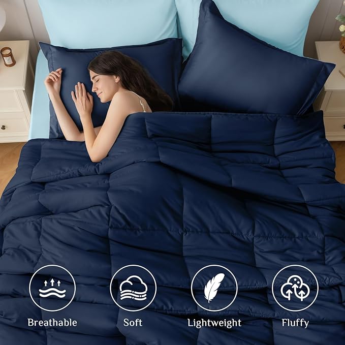 JOLLYVOGUE Full Comforter Set, Ultra-Soft Bed in a Bag Full Size 7 Pieces, Oeko-TEX Certified Bedding Set with Down Alternative Comforter, Sheets, Pillowcases & Shams, Navy & Light Blue