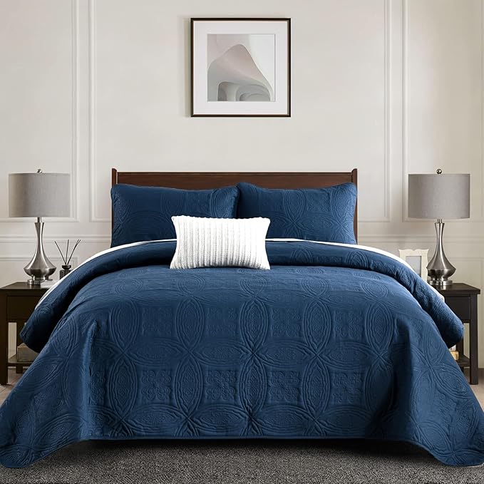 Yiran Navy Blue Quilt Set Queen Size Lightweight Bedspread Embossed Pattern Soft Microfiber Coverlet for All Season with 2 Pillow Shams (96"x90")