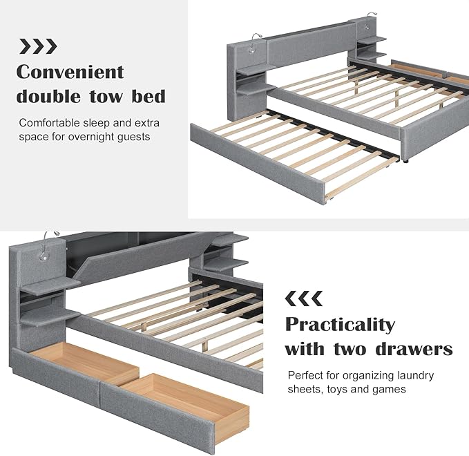 Luxury Queen Bed Frame,Queen Size Trundle Bed Frame with 2 Storage Drawers,Reading Lights, Storage Headboard,Storages Rack,Queen Size Linen Upholstered Platform Bed for Bedroom (Gray, Queen)