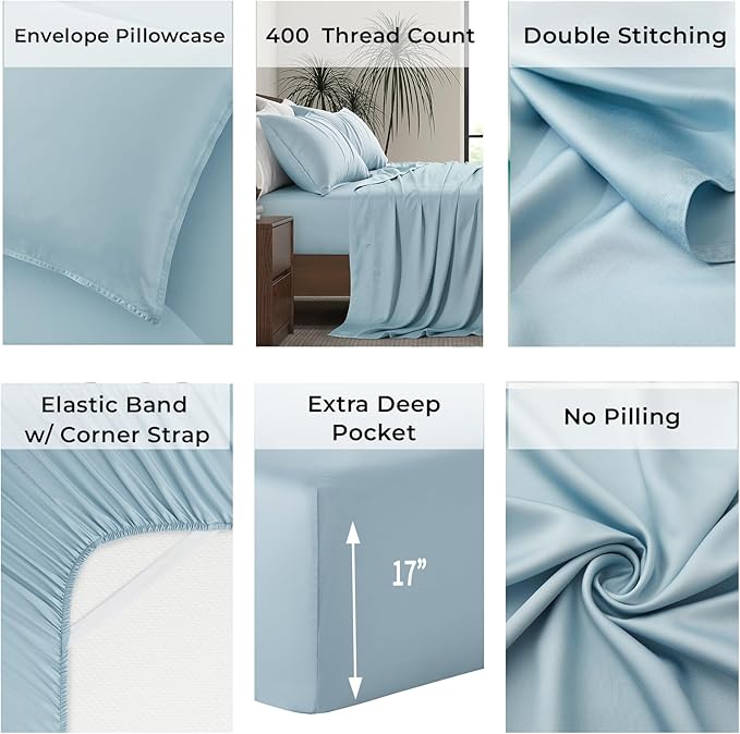 Luxury Bamboo Market | King Size Bed Sheet Set | 100% Viscose Made from Bamboo | Organically Grown | Ultra Soft | Cooling Sheets for Hot Sleepers | 17" Deep Pocket [Spa Blue]