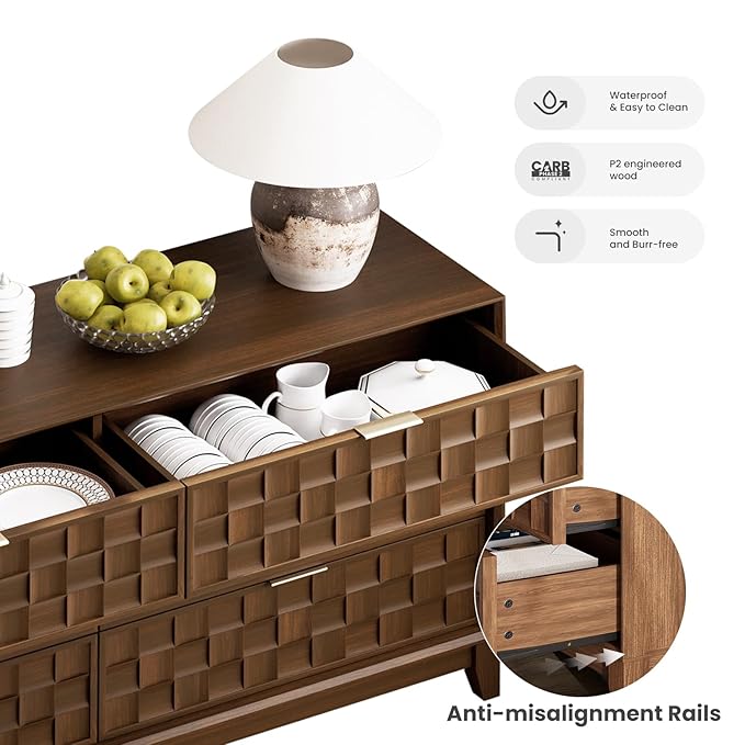 COLAMY Fluted Dresser for Bedroom, 6 Drawer Wood Dresser 55”, Chest of Drawers with Large Storage, Metal Handles, Modern TV Stand for Living Room, Hallway, Walnut