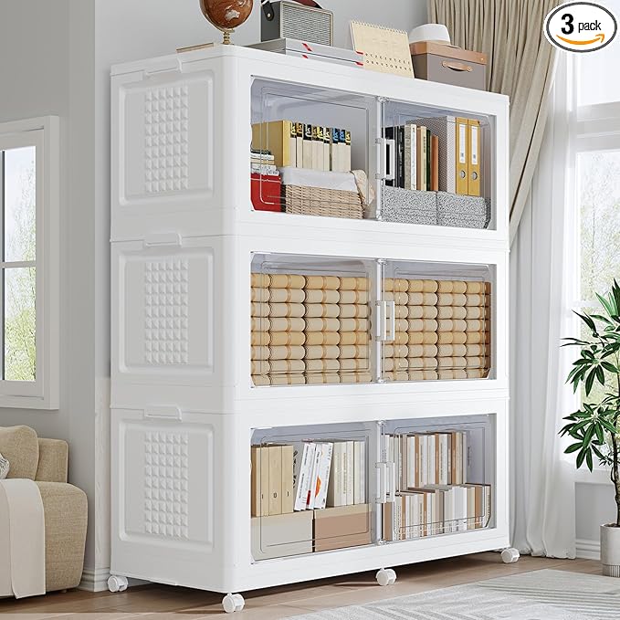 600 QT Extra Large Stackable Storage Bins with Lid, 150 Gal Collapsible Storage Box with Wheels, Folding Closet Organizers and Storage Cabinet with Doors for Home, Kitchen, Office, 3Pack White