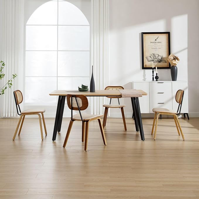 HEAH-YO Modern Dining Chairs Set of 2, Upholstered Faux Leather Dining Room Chairs with Rattan Backrests and Wood Legs, Armless Kitchen Chairs for Dining Room, Beige