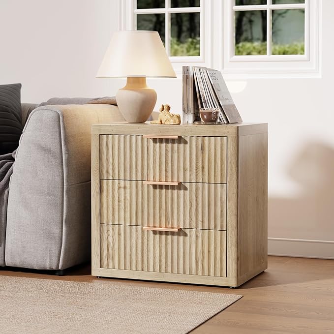 Night Stand with 3 Drawers, 23" Wide Modern Nightstand with Large Storage, Fluted Bed Side Table with Metal Handle, End Table Tall Nightstand for Bedroom, Living Room, Office, Nature