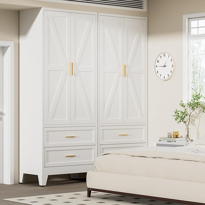 COFaR Metal Wardrobe Cabinet, 71 Farmhouse Armoire Wardrobe Closet with Rods, 2 Barn Doors, Adjustable Shelves, Steel with 2 Drawer Bedroom armoires, White