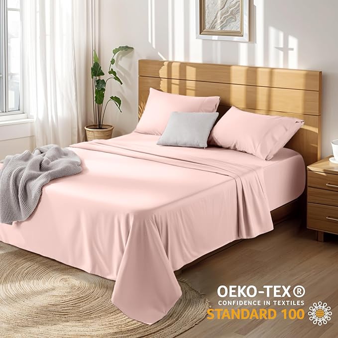 LBRO2M 100% Cotton Sheets Set Deep Pocket 19", 1000 Thread Count Full Size 4 Piece Bed Sheet Sets Soft Comfortable Bedding All Season (Full, Pink)