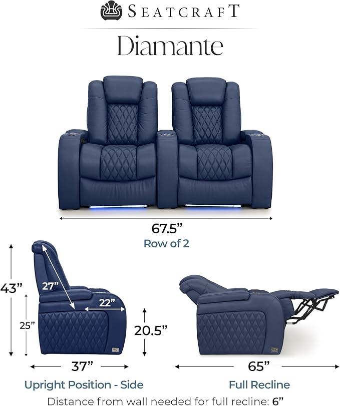 Seatcraft Diamante Zero-Gravity CoolZero Italian Leather Home Theater Seating, Power Headrest, Power Recline, Row of 2, Navy Blue