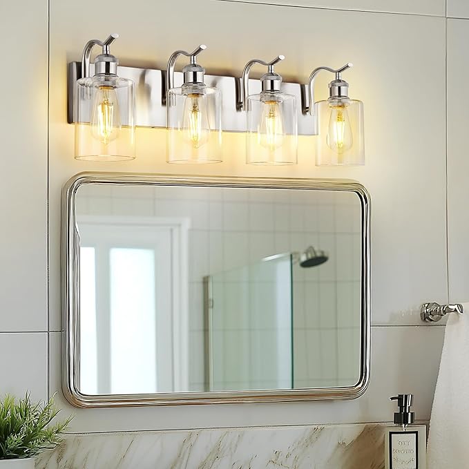 4-Light Bathroom Vanity Light, Brushed Nickel Wall Sconce, Modern Bathroom Light with Clear Glass, VL01BN-4